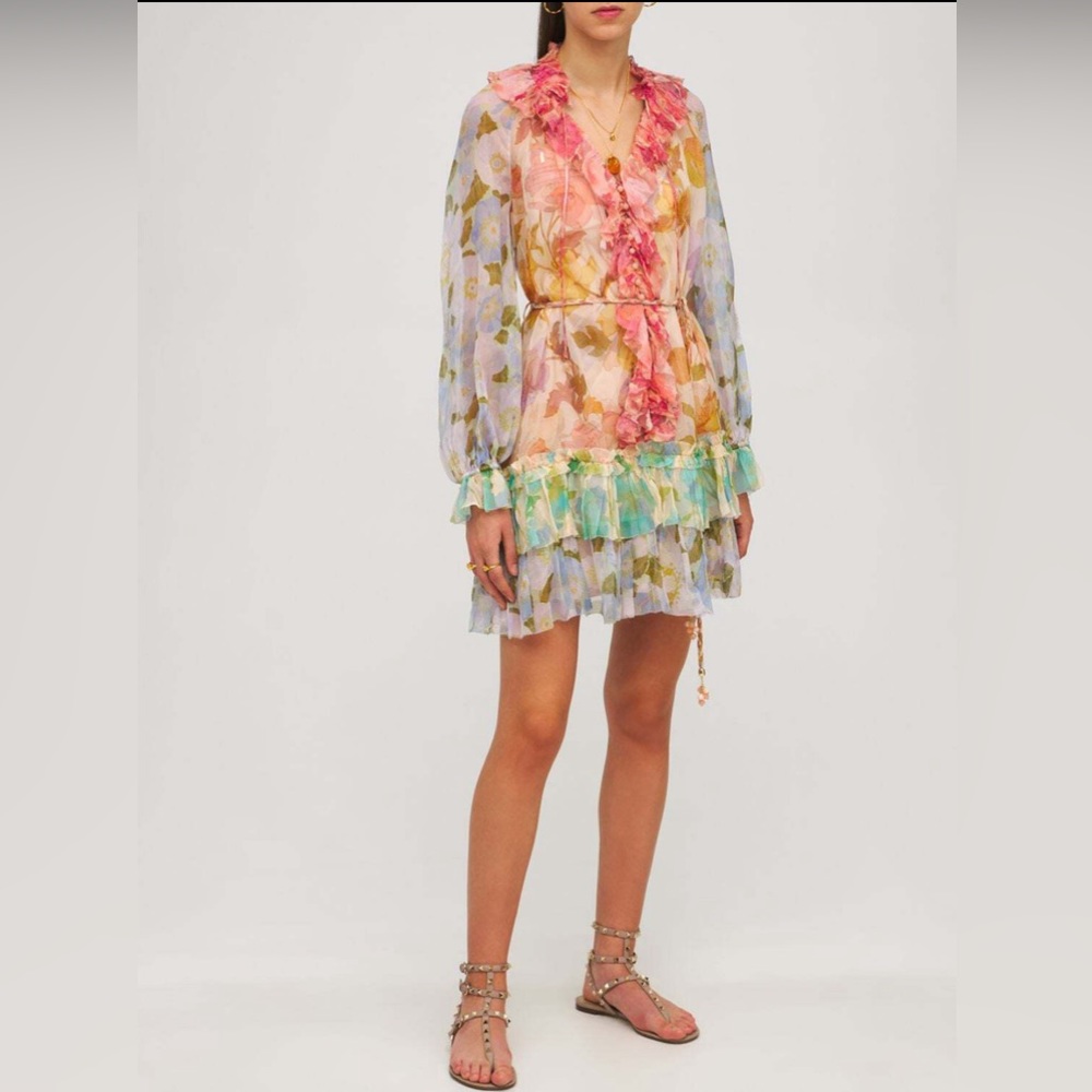 Zimmermann Silk Chiffon Mini Dress with Ruffles, Multicolored, Size 1